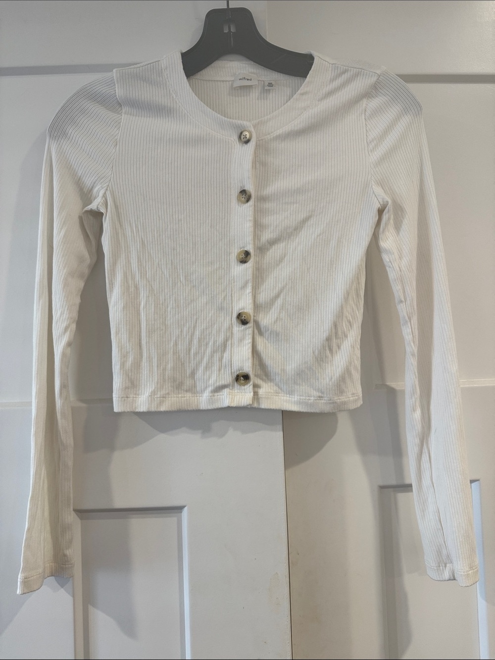 Aritzia Wilfred Ribbed Crop Button Lon Sleeve Cardigan, Cream White, 2XS